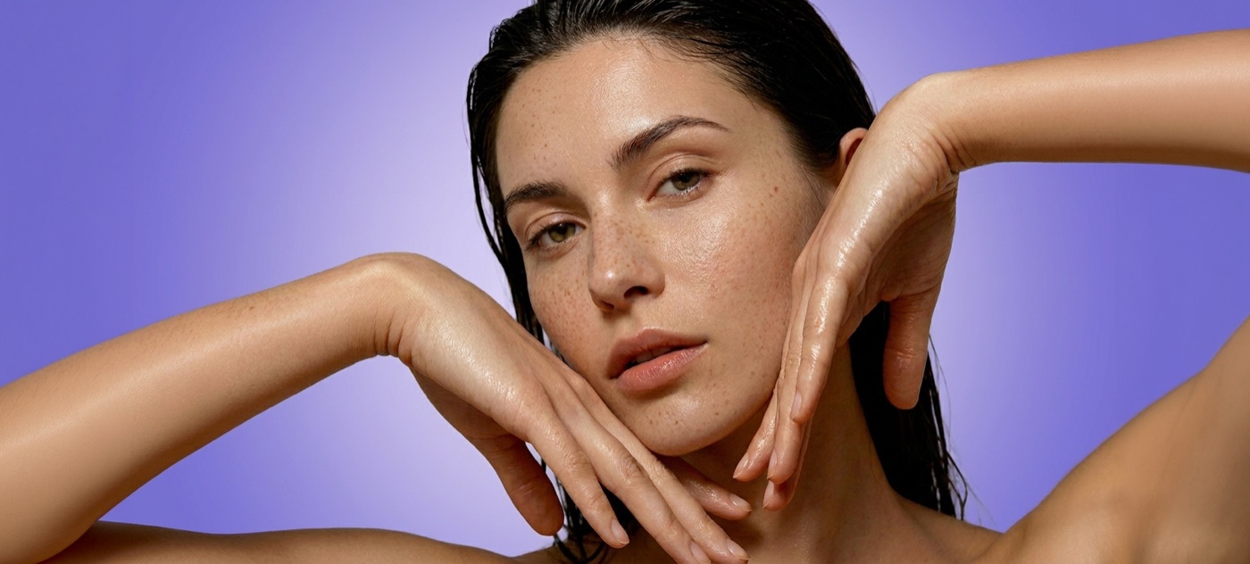 Portrait d'une femme adulte à la peau réelle, concernée par l'acné adulte, au regard apaisé.